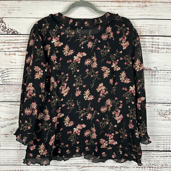 Womens Emma James Black Pink Floral Sheer Blouse 2 Pc w/ Tank 3/4 Sleeve Size 16 - Picture 2 of 9